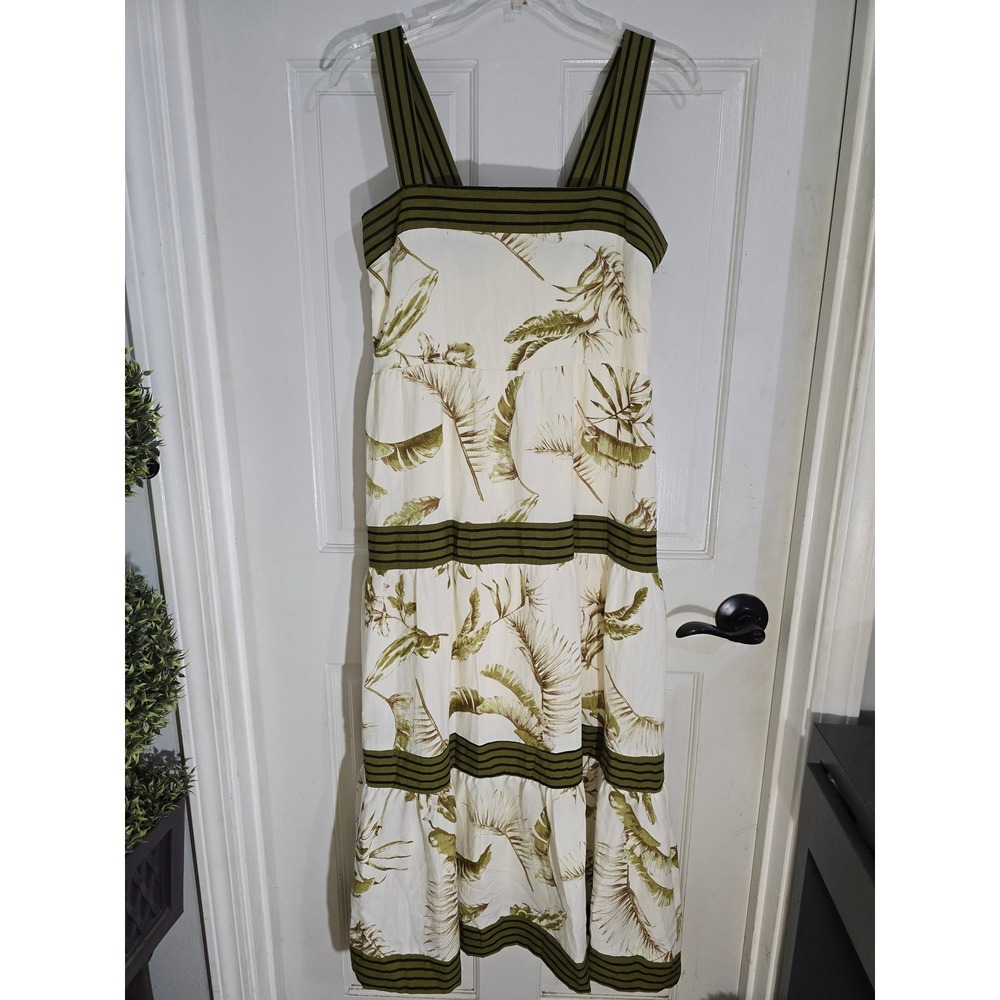By The River Tropical Palm Print Tiered Midi Dress Olive Green Cream Medium - Picture 10 of 13